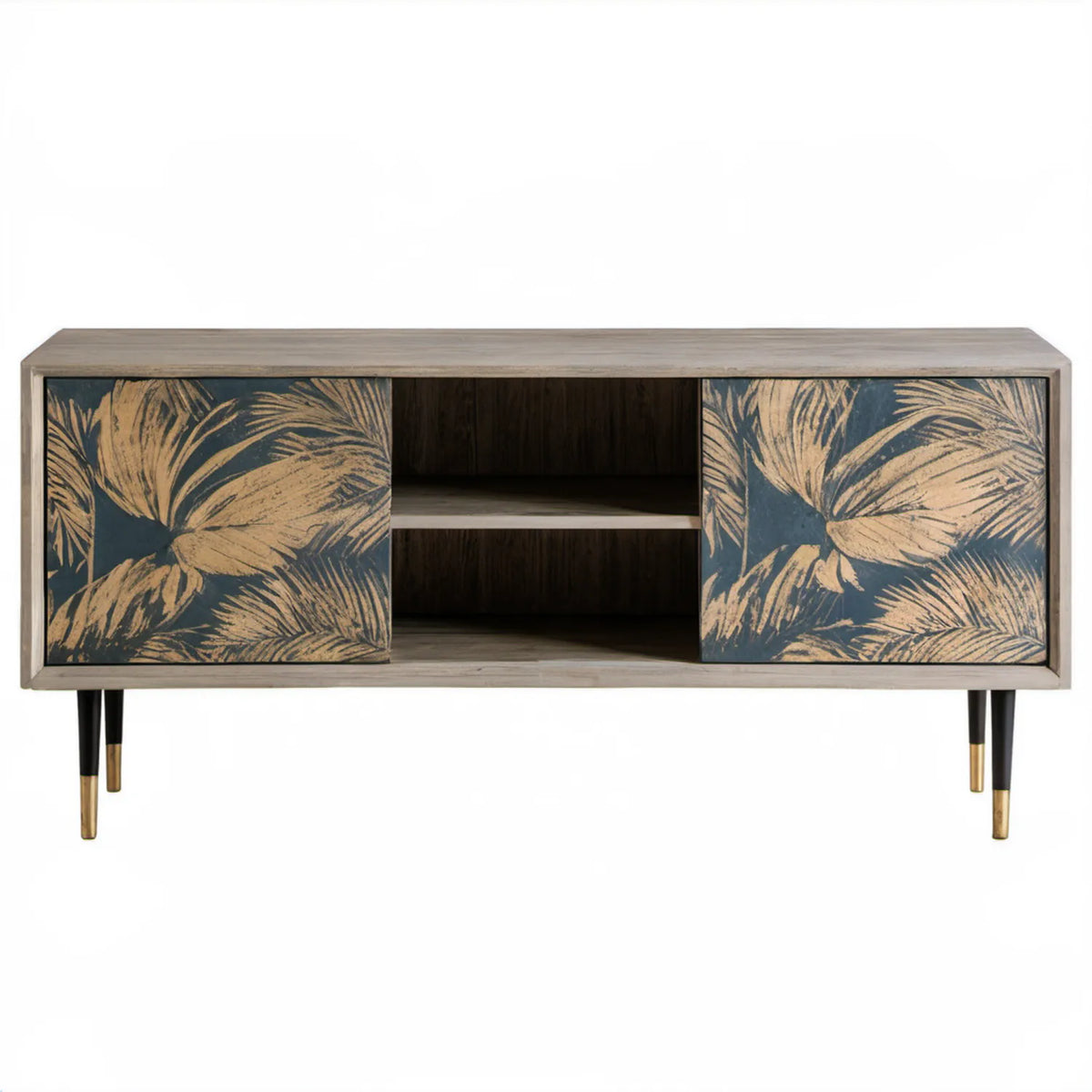 Szafka RTV z litego drewna mango, 2 drzwi przesuwne, brązowo-czarno-złota, 120 x 35 x 55 cm