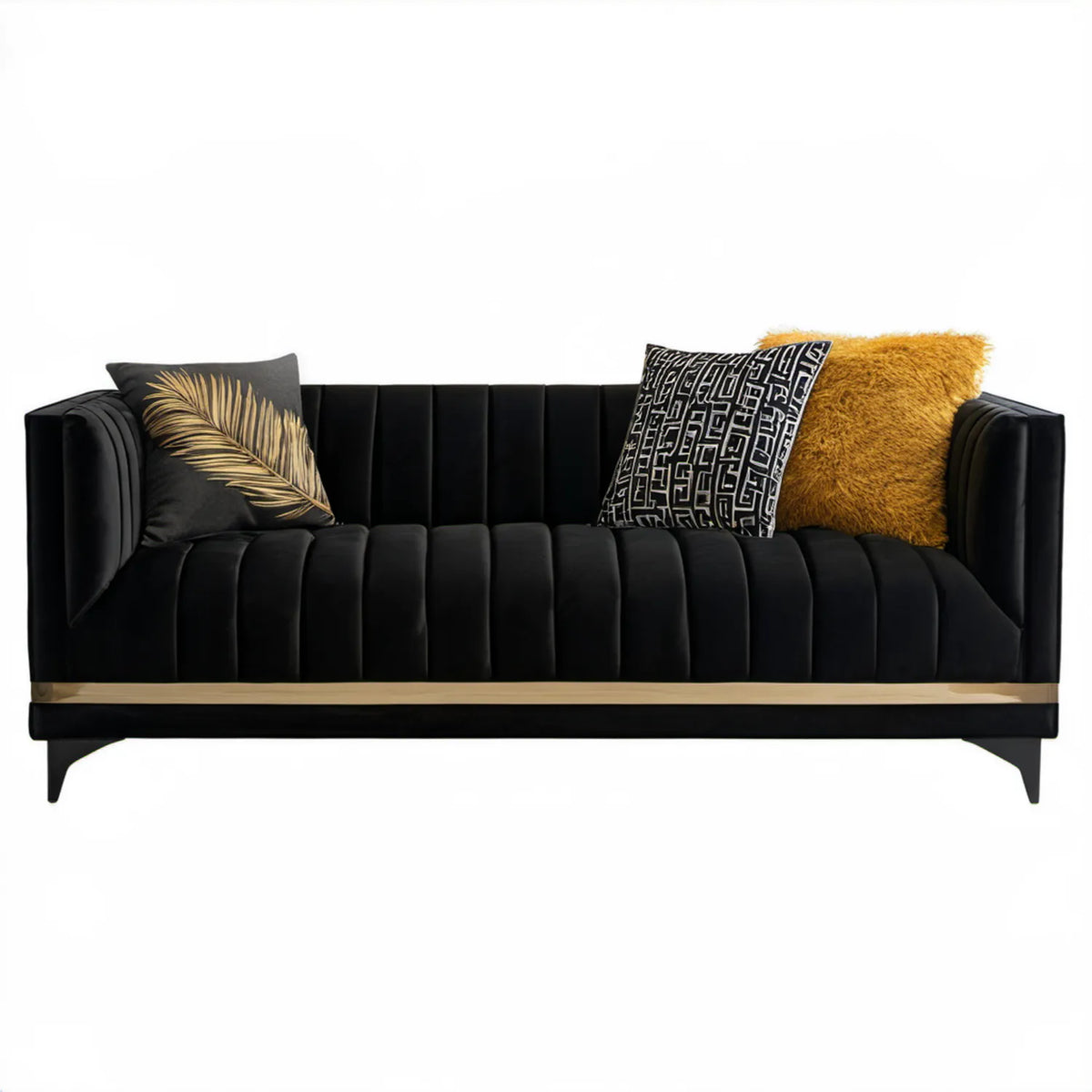 Czarna dwuosobowa sofa glamour z aksamitną tapicerką i złotą listwą 160 x 85 x 80 cm