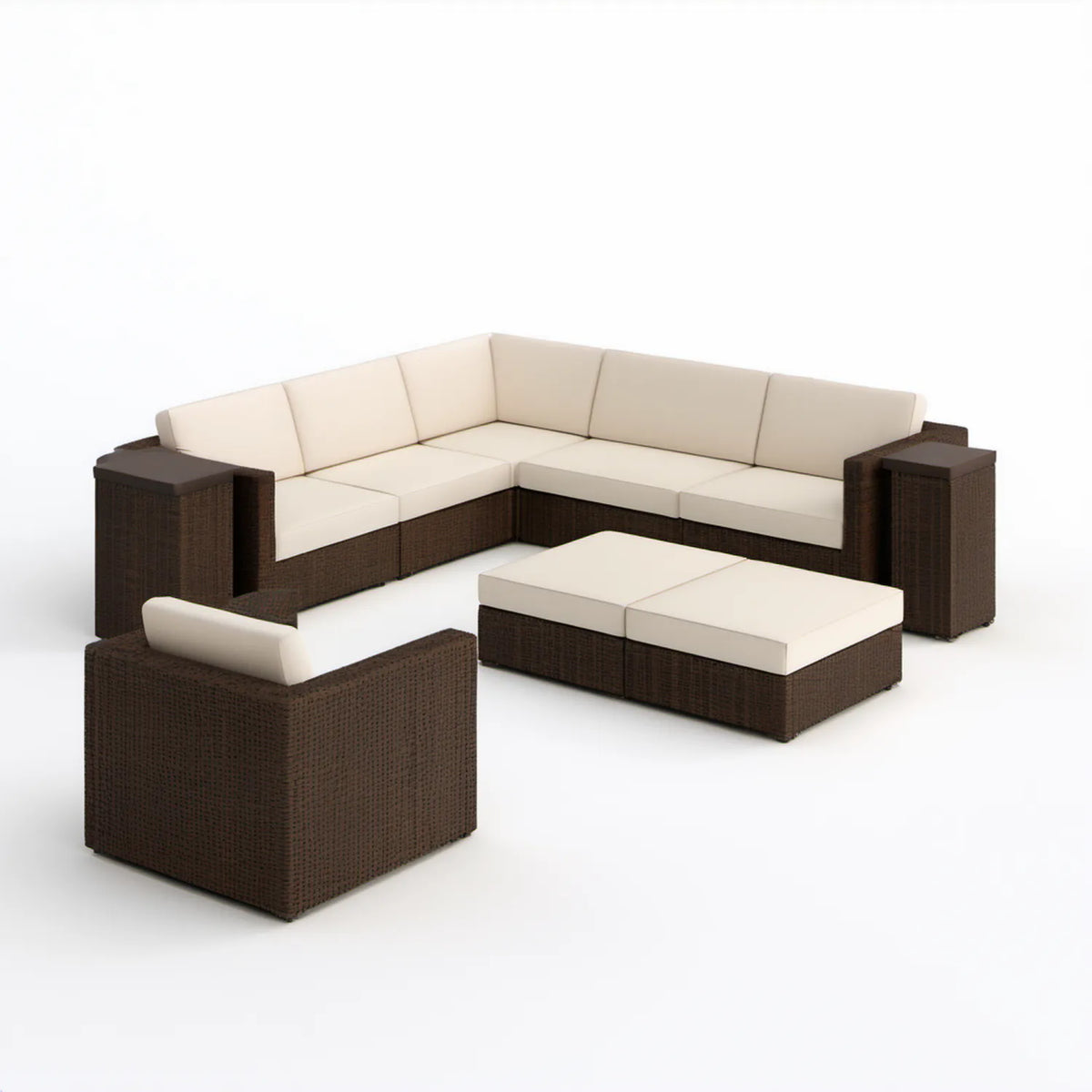 8-częściowy narożny zestaw ogrodowy z technorattanu PE 250 × 250 × 70 cm, ciemnobrązowo-kremowy