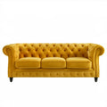 Trzyosobowa sofa Chesterfield musztardowa z aksamitnym obiciem, 230 x 90 x 80 cm