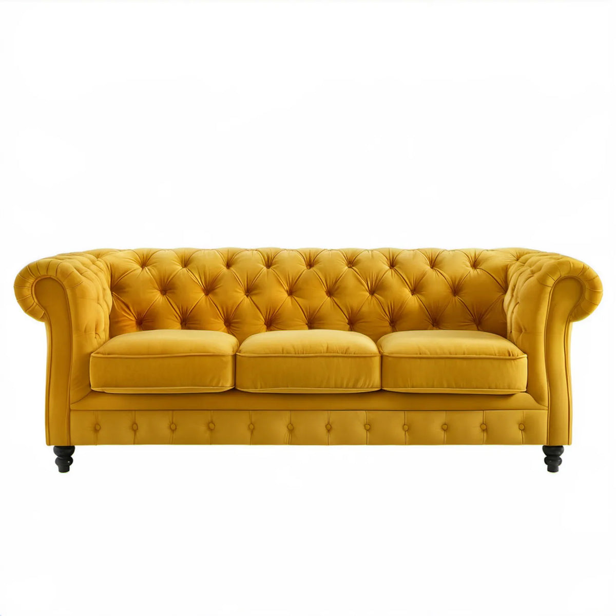 Trzyosobowa sofa Chesterfield musztardowa z aksamitnym obiciem, 230 x 90 x 80 cm