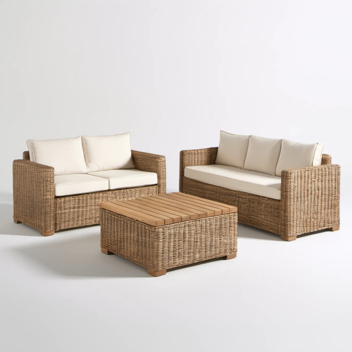 Zestaw wypoczynkowy ogrodowy 2+3 ze stolikiem, rattan PE i drewno akacjowe, Brązowy/Beżowy, 150 x 75 x 78 cm, 210 x 75 x 78 cm, 120 x 70 x 42 cm