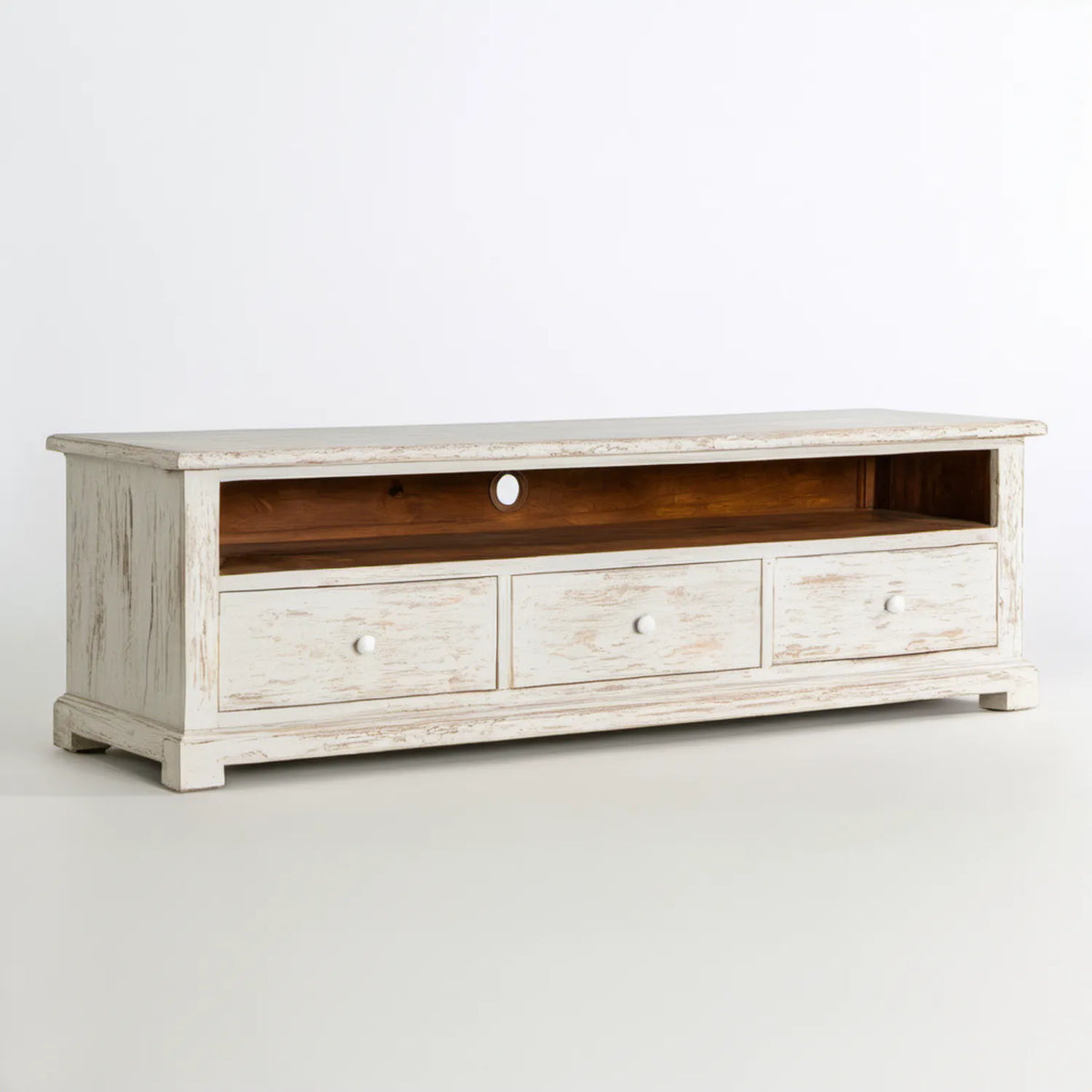 Biała sosnowa szafka RTV w stylu rustykalnym, 140 × 45 × 55 cm