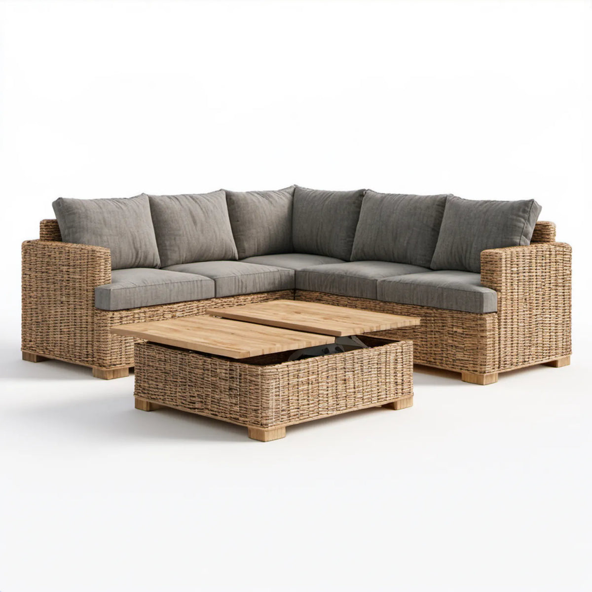Ogrodowy narożnik z technorattanu ze stolikiem podnoszonym 260 x 260 x 85 cm, naturalny beż/szary/naturalny brąz