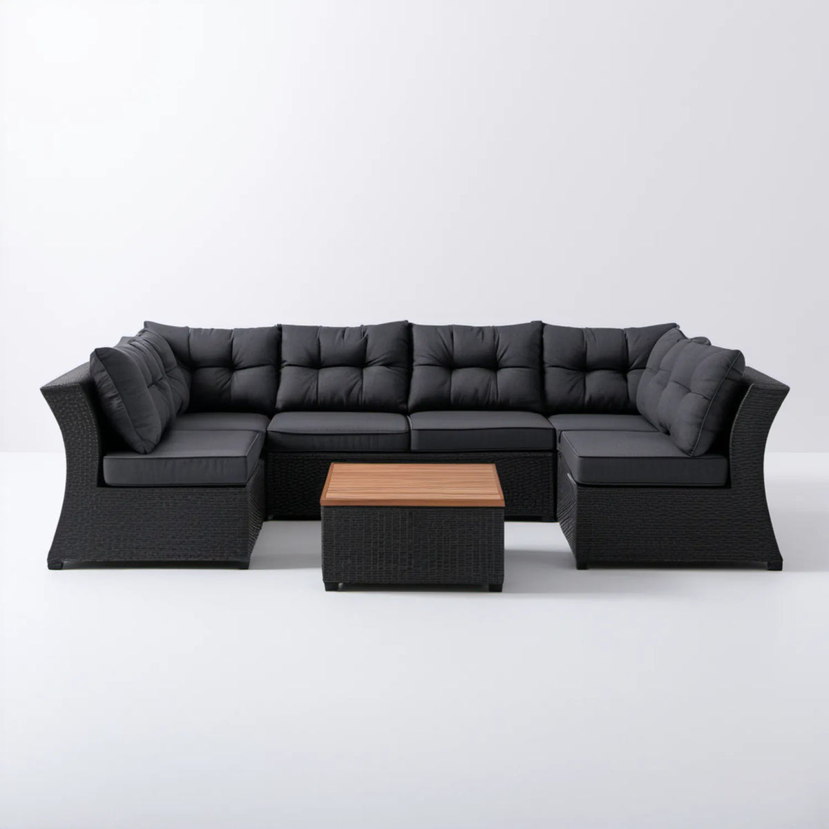 Czarny narożnik ogrodowy w kształcie U z technorattanu ze stolikiem akacjowym 330 x 220 x 73 cm