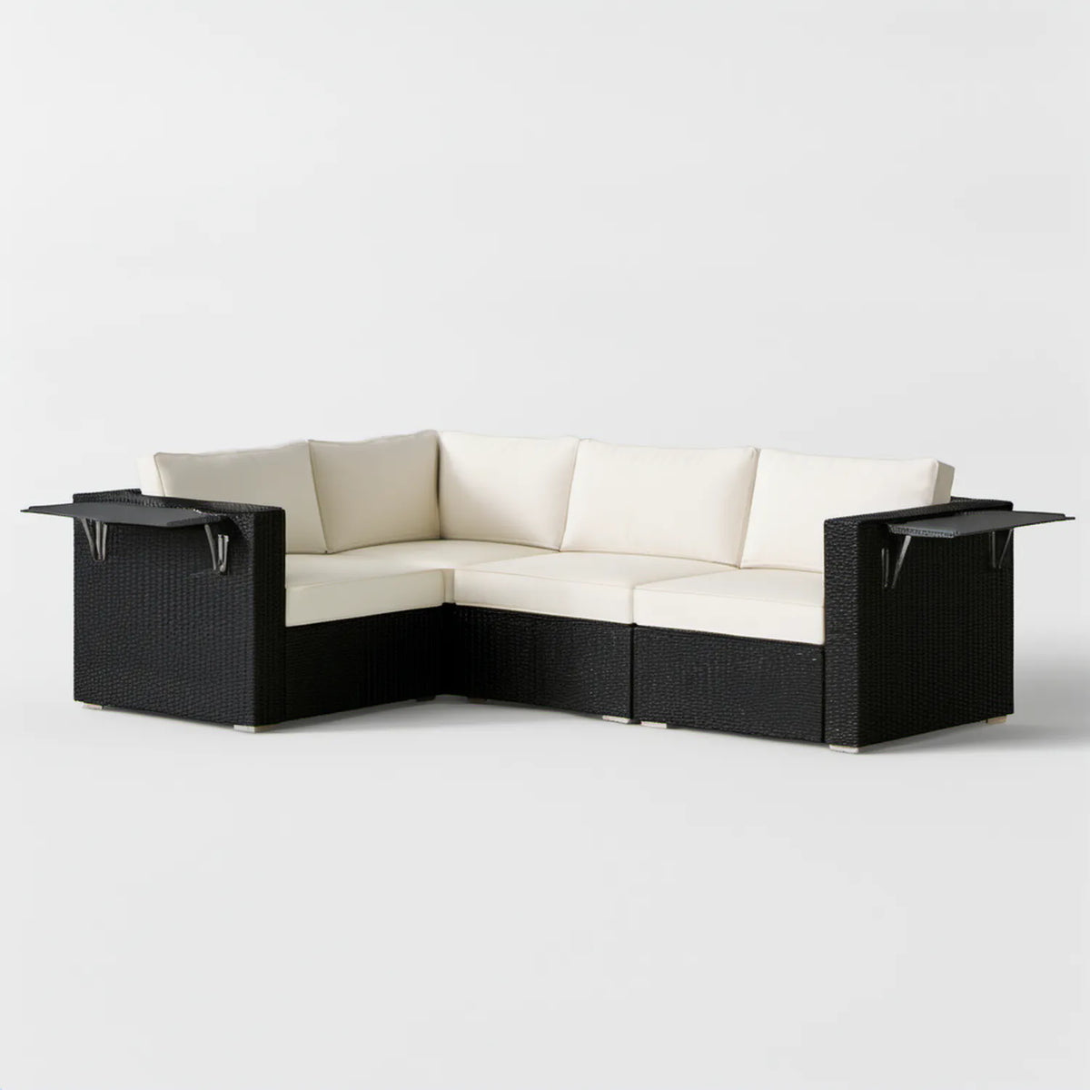 Narożna sofa ogrodowa z technorattanu PE, czarno-kremowa, 215 × 215 × 85 cm