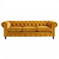 Musztardowa pikowana sofa trzyosobowa z aksamitu, 230 x 95 x 78 cm