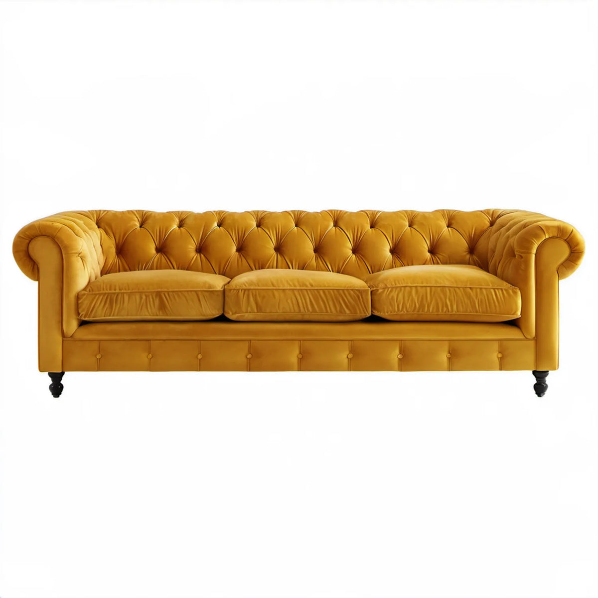 Musztardowa pikowana sofa trzyosobowa z aksamitu, 230 x 95 x 78 cm