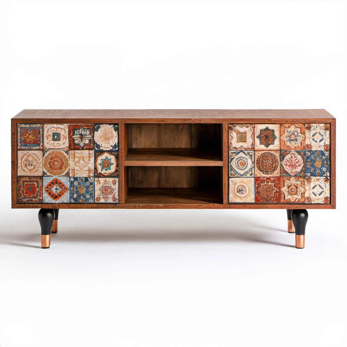 Brązowa szafka RTV 180 x 40 x 60 cm z drewna mango i płytek ceramicznych