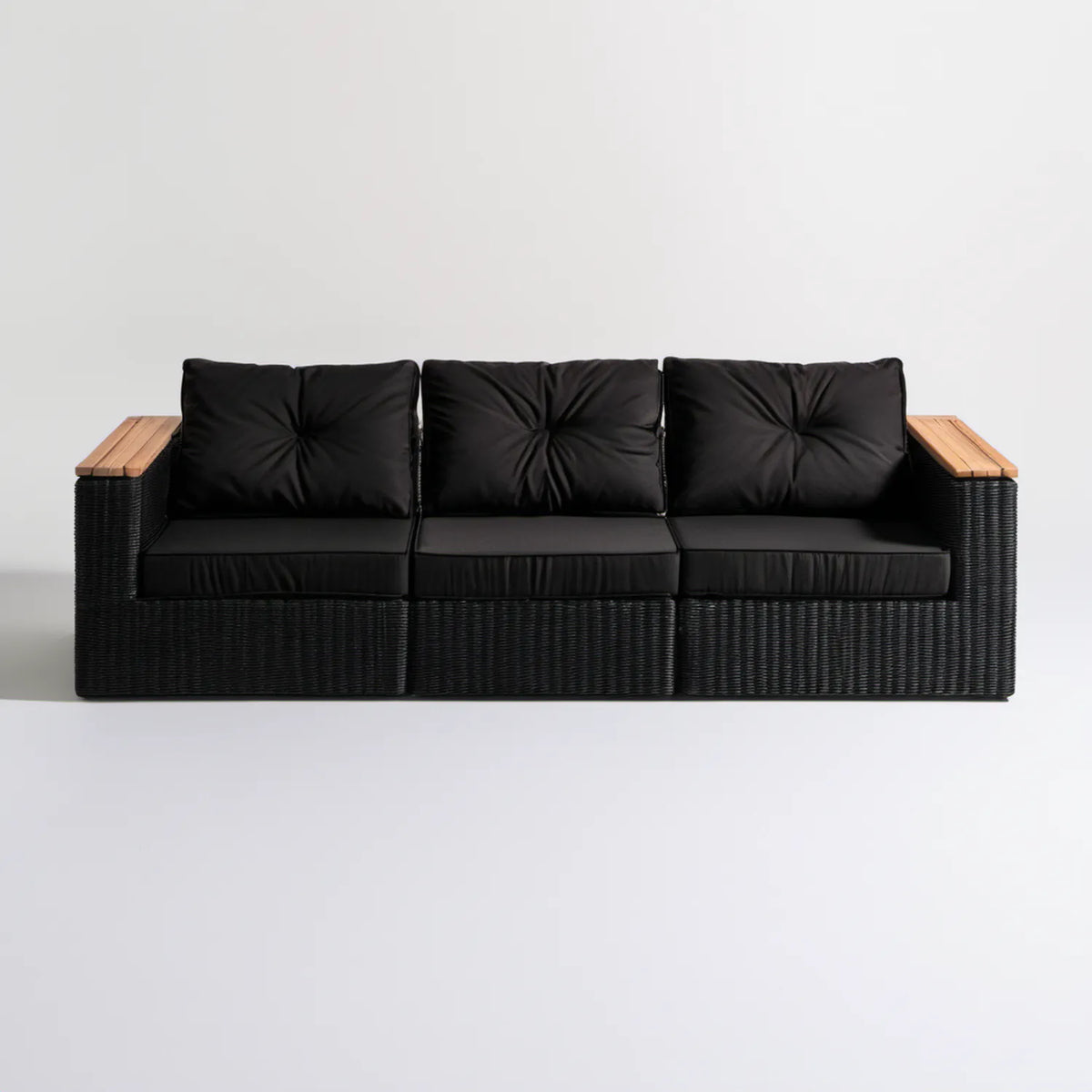 Modułowa sofa ogrodowa 3-osobowa z technorattanu PE i akacji, czarna/naturalny brąz, 180 x 70 x 70 cm