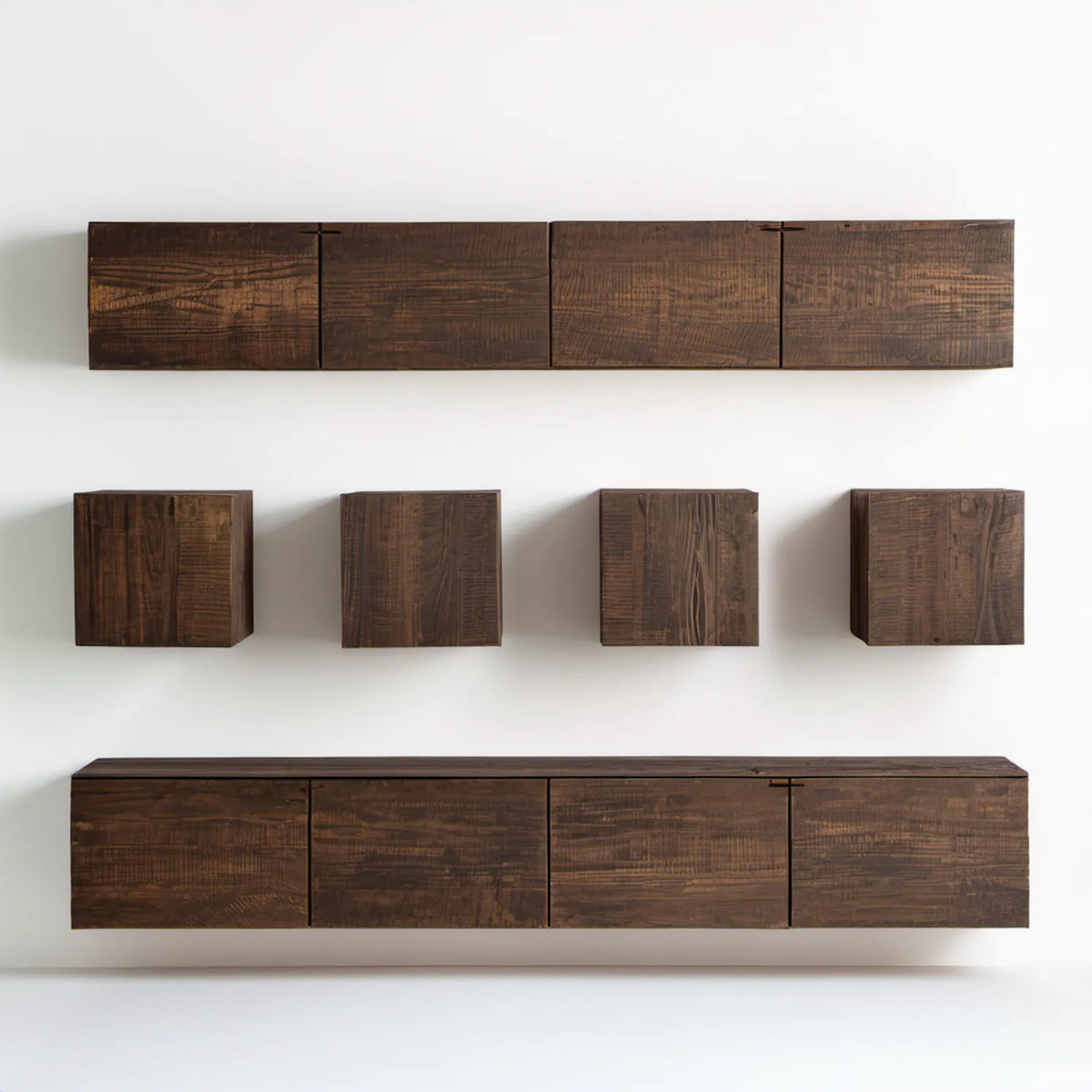 6-elementowy zestaw wiszących szafek RTV z litego drewna sosnowego, ciemnobrązowy, 300 × 40 × 35 cm i 60 × 60 × 35 cm