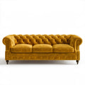 Trzyosobowa sofa Chesterfield musztardowa z ciemnobrązowymi nogami, 230 x 90 x 78 cm, aksamit poliestrowy