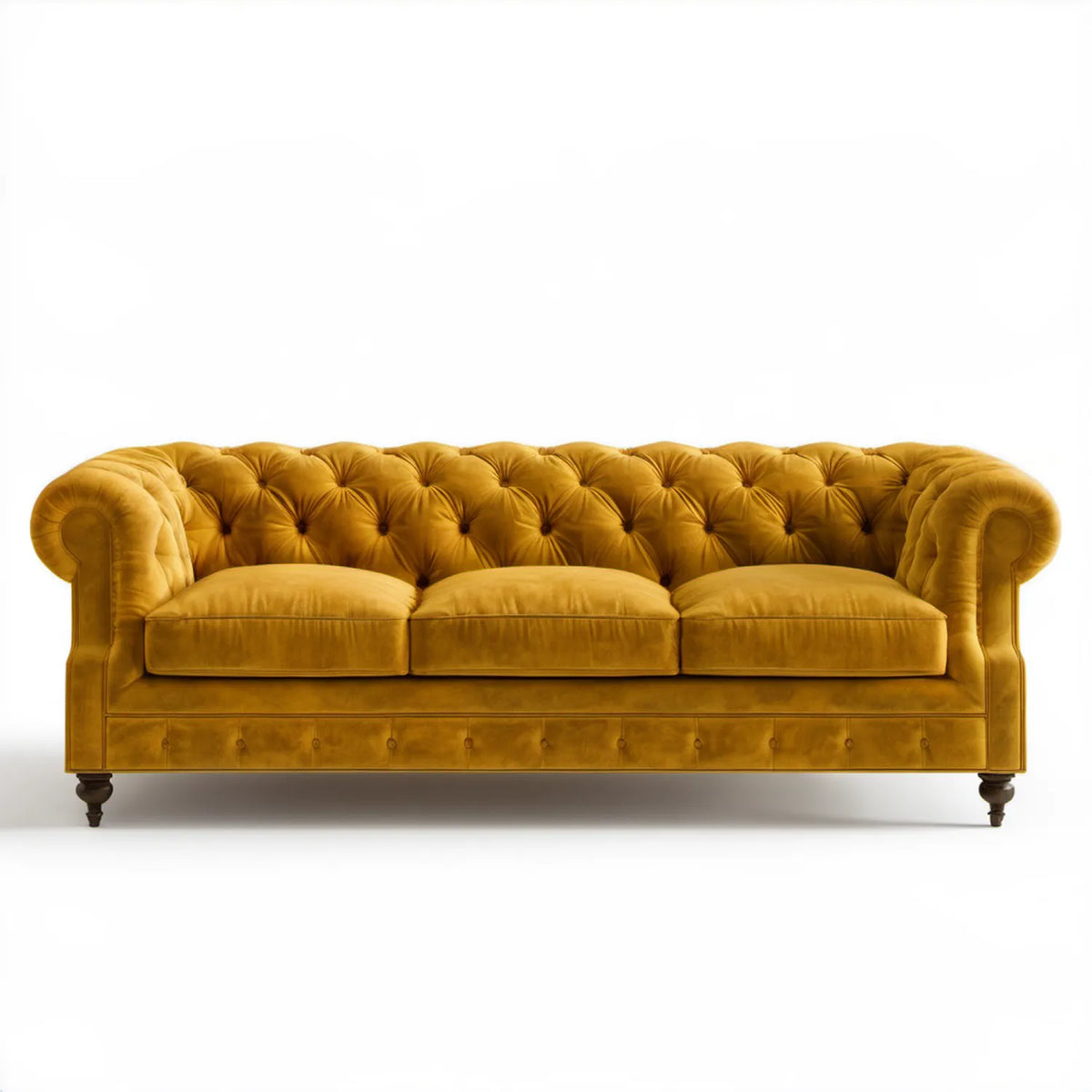 Trzyosobowa sofa Chesterfield musztardowa z ciemnobrązowymi nogami, 230 x 90 x 78 cm, aksamit poliestrowy