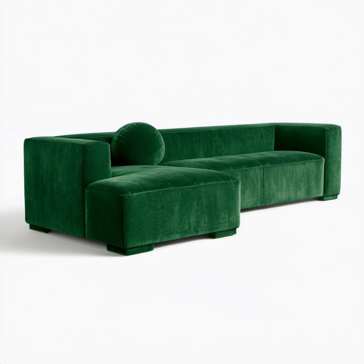 Ciemnozielona sofa aksamitna z pufą i okrągłą poduszką, 240 × 100 × 70 cm