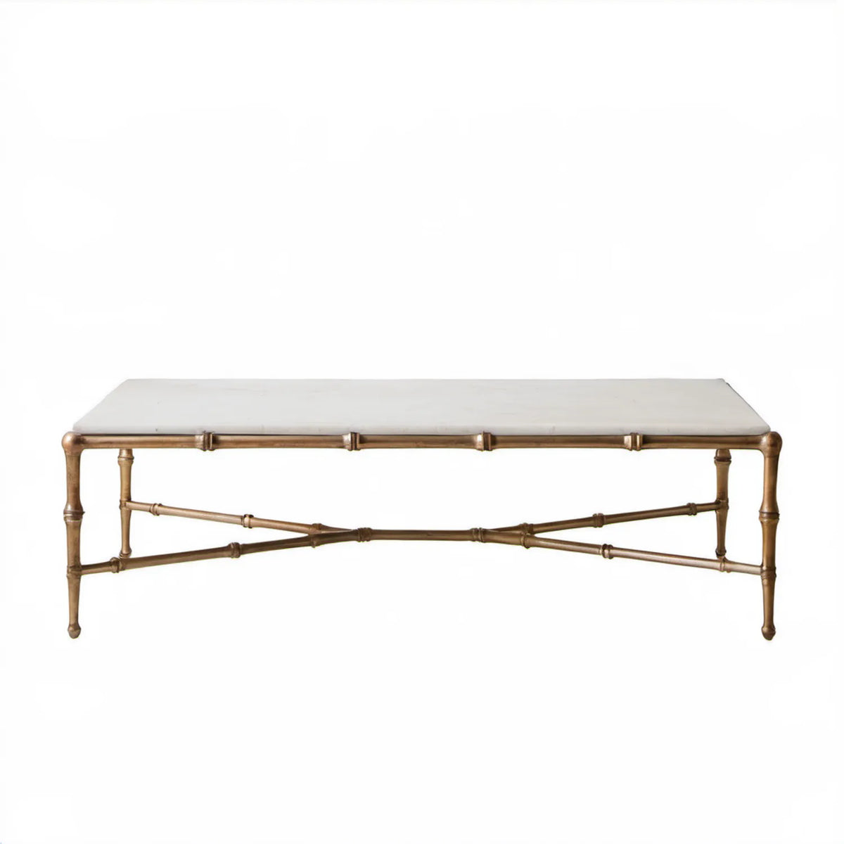 Prostokątny stolik kawowy biało-złoty 130 x 70 x 45 cm z marmurowym blatem i stalową ramą